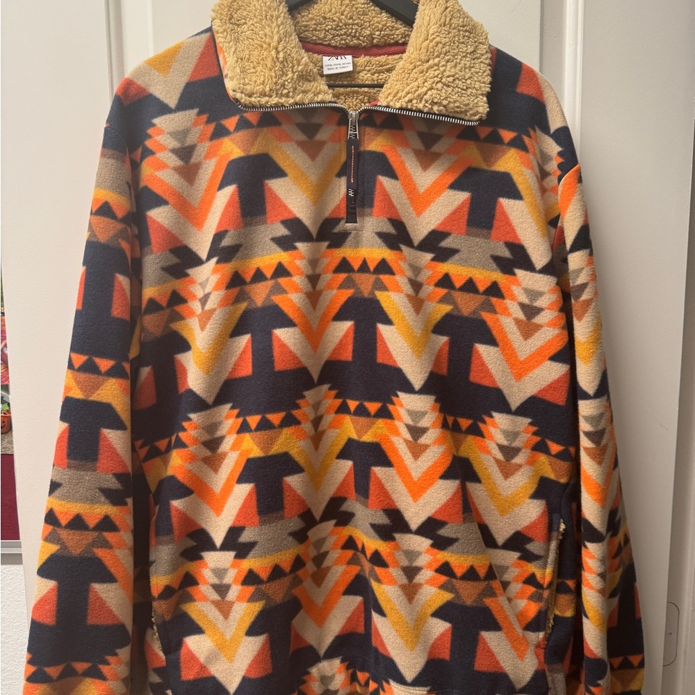 Zara Multicolor Fleece Pullover with Sherpa Collar